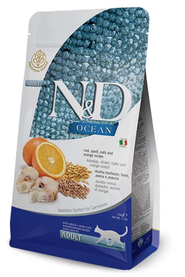 Фото Корм сухий для котів Фарміна N&D Low Grain Ocean ADULT з тріскою та апельсином купити за ціною ₴264.00